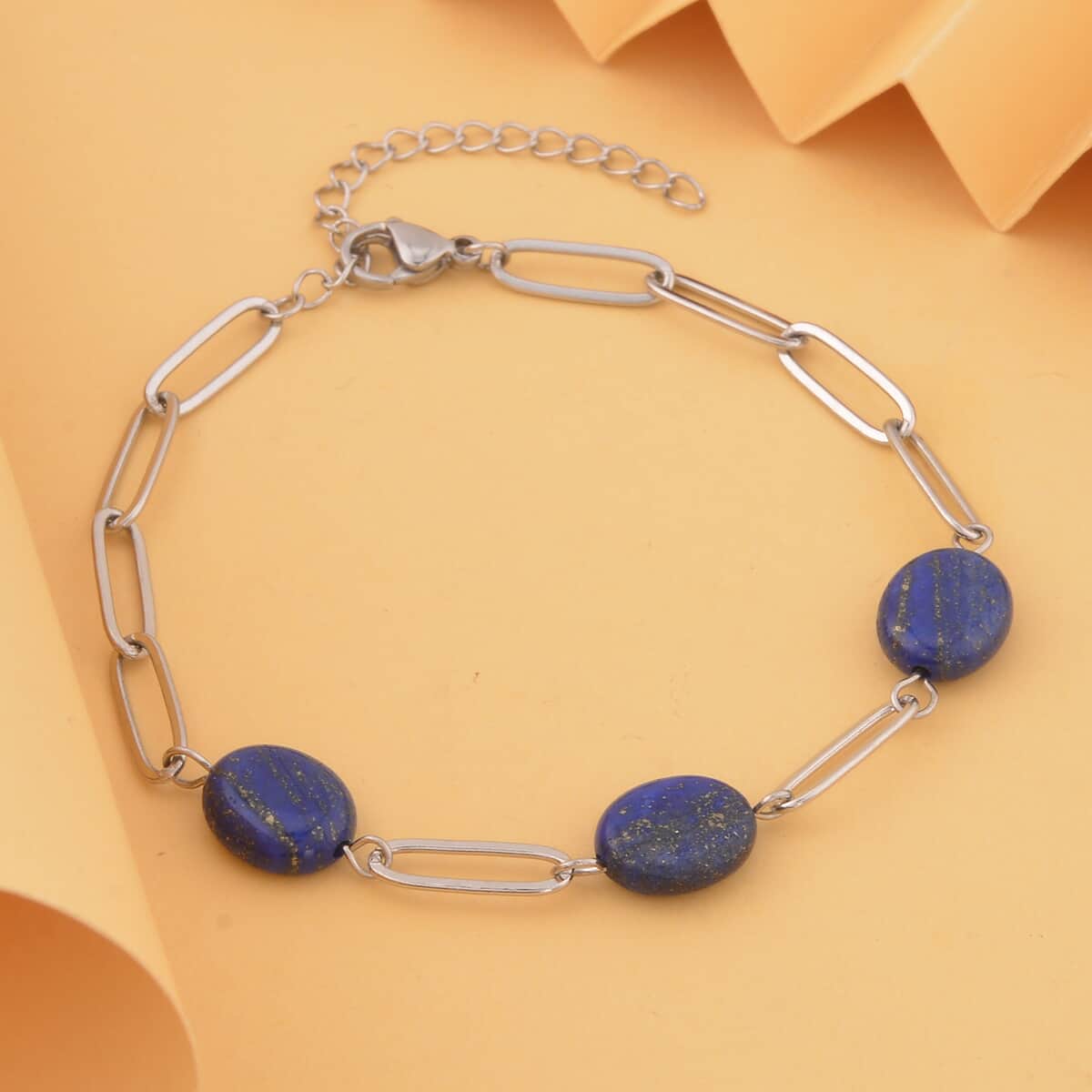 Lapis Lazuli Paper Clip Chain Station Bracelet in Stainless Steel (7.50-9.50In) 18.00 ctw image number 1