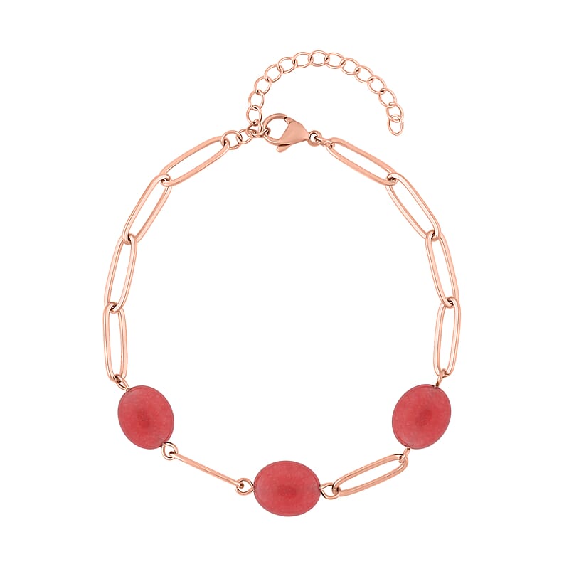 Red Agate Paper Clip Chain Station Bracelet in ION Plated RG Stainless Steel (7.50-9.50In) 18.00 ctw , Tarnish-Free, Waterproof, Sweat Proof Jewelry
