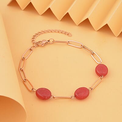 Red Agate Paper Clip Chain Station Bracelet in ION Plated RG Stainless Steel (7.50-9.50In) 18.00 ctw , Tarnish-Free, Waterproof, Sweat Proof Jewelry