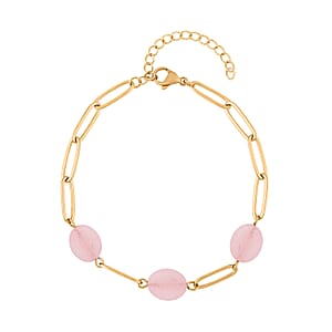 Galilea Rose Quartz Paper Clip Chain Station Bracelet in ION Plated YG Stainless Steel (7.50-9.50In) 18.00 ctw , Tarnish-Free, Waterproof, Sweat Proof Jewelry