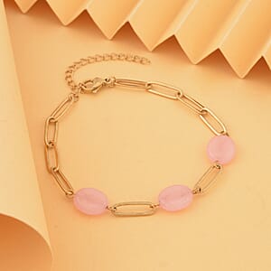 Galilea Rose Quartz Paper Clip Chain Station Bracelet in ION Plated YG Stainless Steel (7.50-9.50In) 18.00 ctw , Tarnish-Free, Waterproof, Sweat Proof Jewelry