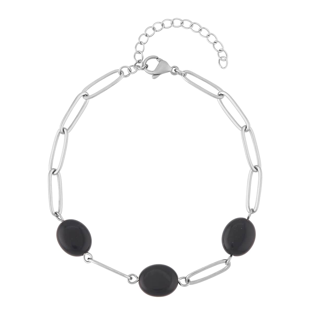 Black Onyx Paper Clip Chain Station Bracelet in Stainless Steel (7.50-9.50In) 18.00 ctw , Tarnish-Free, Waterproof, Sweat Proof Jewelry image number 0