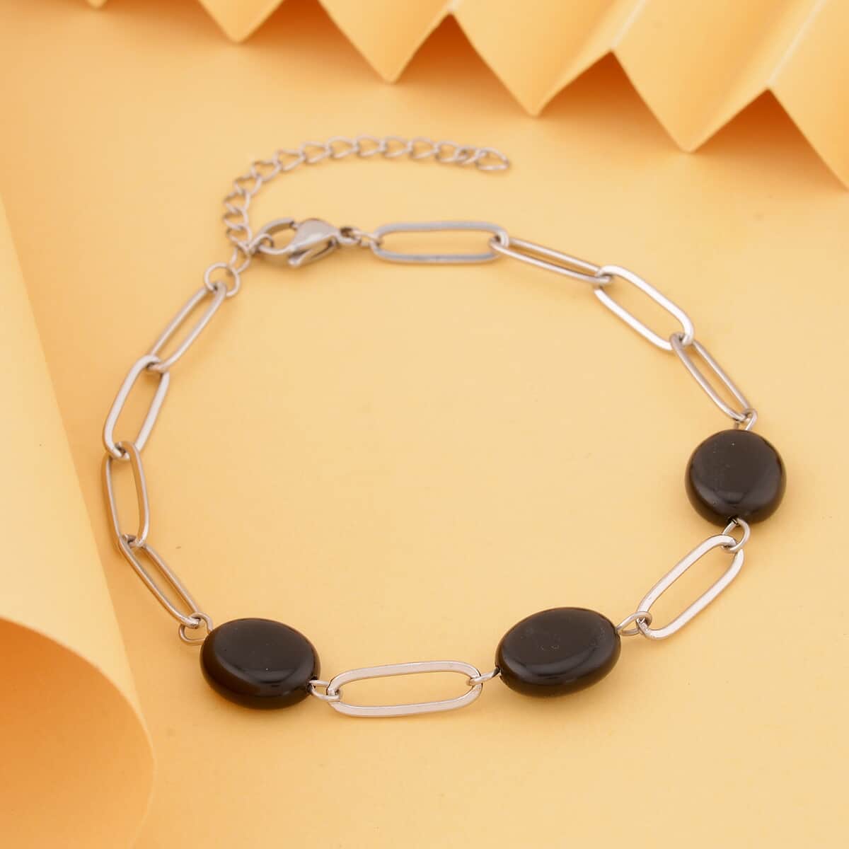 Black Onyx Paper Clip Chain Station Bracelet in Stainless Steel (7.50-9.50In) 18.00 ctw , Tarnish-Free, Waterproof, Sweat Proof Jewelry image number 1