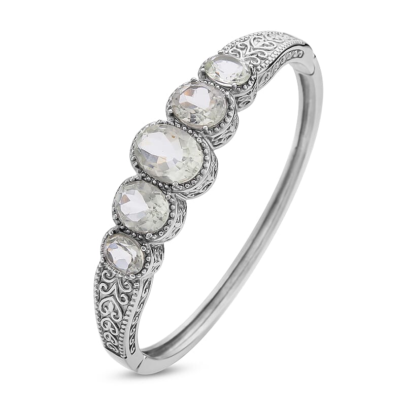 Montezuma Prasiolite 5 Stone Bangle Bracelet in Stainless Steel (7.50 In) 30.00 ctw , Tarnish-Free, Waterproof, Sweat Proof Jewelry