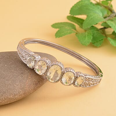 Montezuma Prasiolite 5 Stone Bangle Bracelet in Stainless Steel (7.50 In) 30.00 ctw , Tarnish-Free, Waterproof, Sweat Proof Jewelry