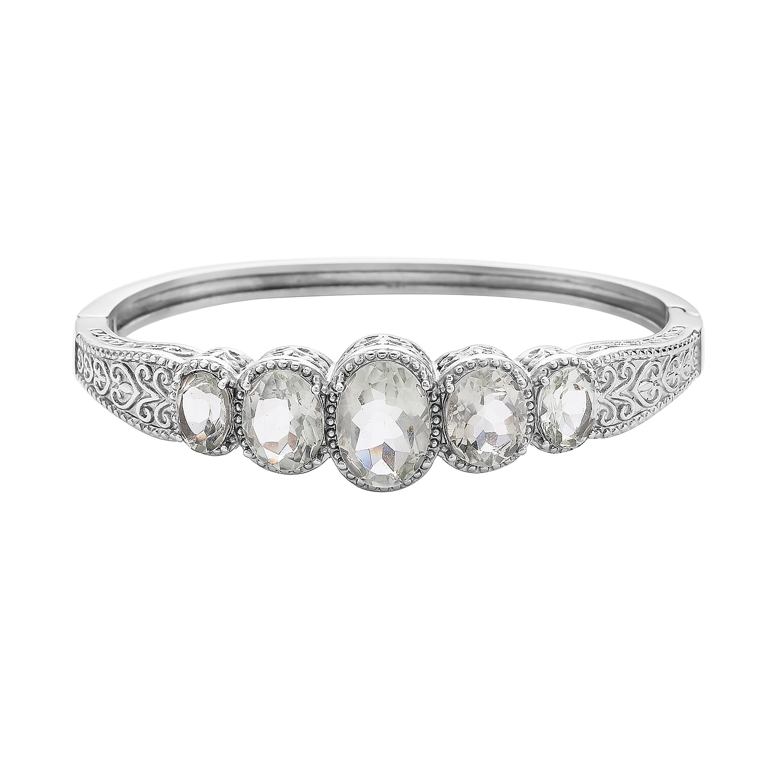 Montezuma Prasiolite 5 Stone Bangle Bracelet in Stainless Steel (7.50 In) 30.00 ctw , Tarnish-Free, Waterproof, Sweat Proof Jewelry