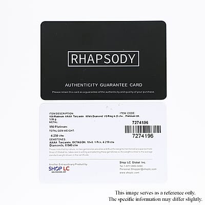 Certified & Appraised Rhapsody AAAA Tanzanite and Diamond E-F VS 4.25 ctw Ring in 950 Platinum (Size 10.0) 5.90 Grams