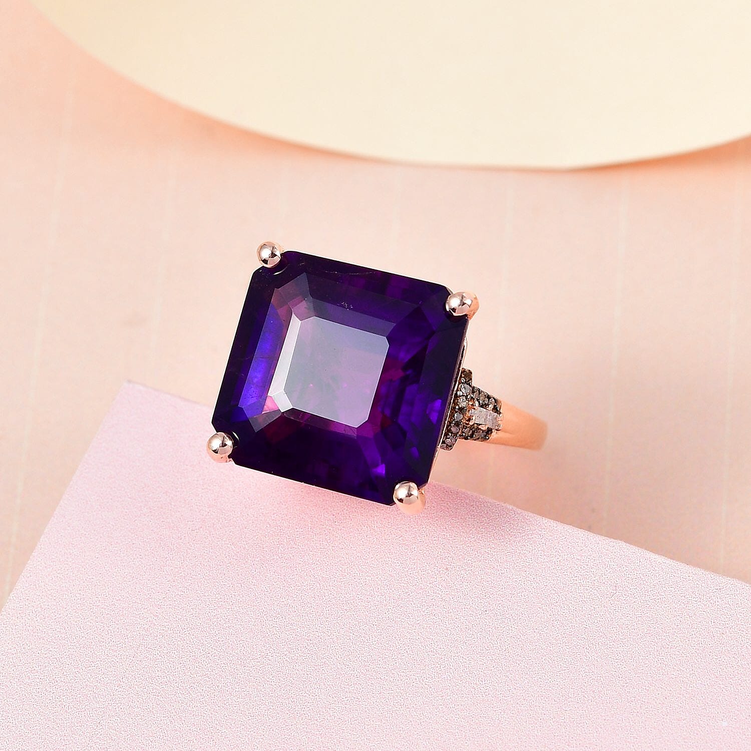 Asscher Cut Amethyst, Natural Champagne and White Diamond Ring in Vermeil Rose Gold Over Sterling Silver (Size 10.0) 14.50 ctw