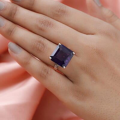 Asscher Cut Amethyst, Natural Champagne and White Diamond Ring in Vermeil Rose Gold Over Sterling Silver (Size 10.0) 14.50 ctw