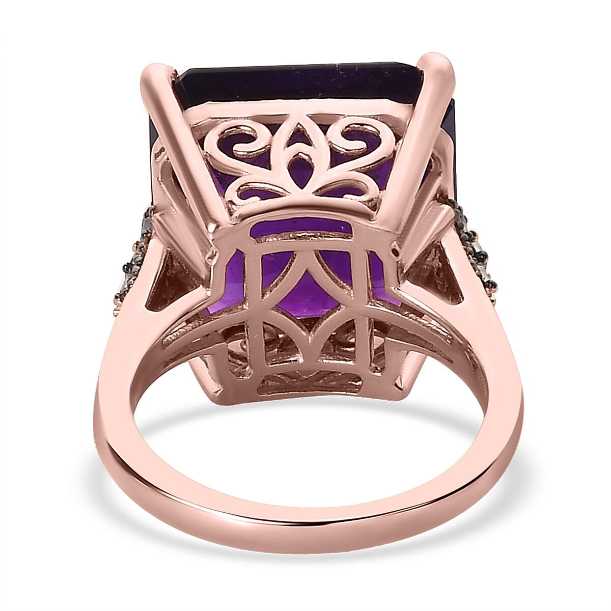 Asscher Cut Amethyst, Natural Champagne and White Diamond Ring in Vermeil Rose Gold Over Sterling Silver (Size 10.0) 14.50 ctw