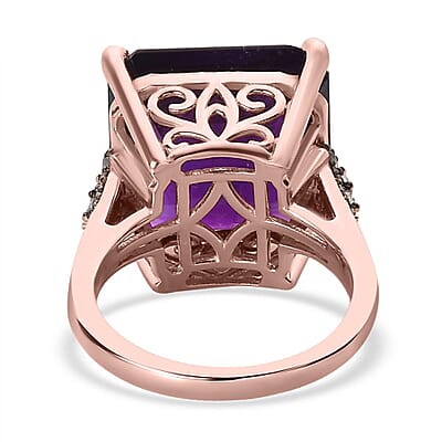 Asscher Cut Amethyst, Natural Champagne and White Diamond Ring in Vermeil Rose Gold Over Sterling Silver (Size 10.0) 14.50 ctw