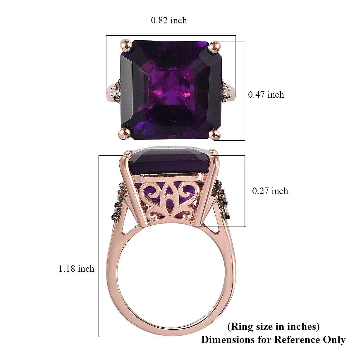 Asscher Cut Amethyst, Natural Champagne and White Diamond Ring in Vermeil Rose Gold Over Sterling Silver (Size 10.0) 14.50 ctw