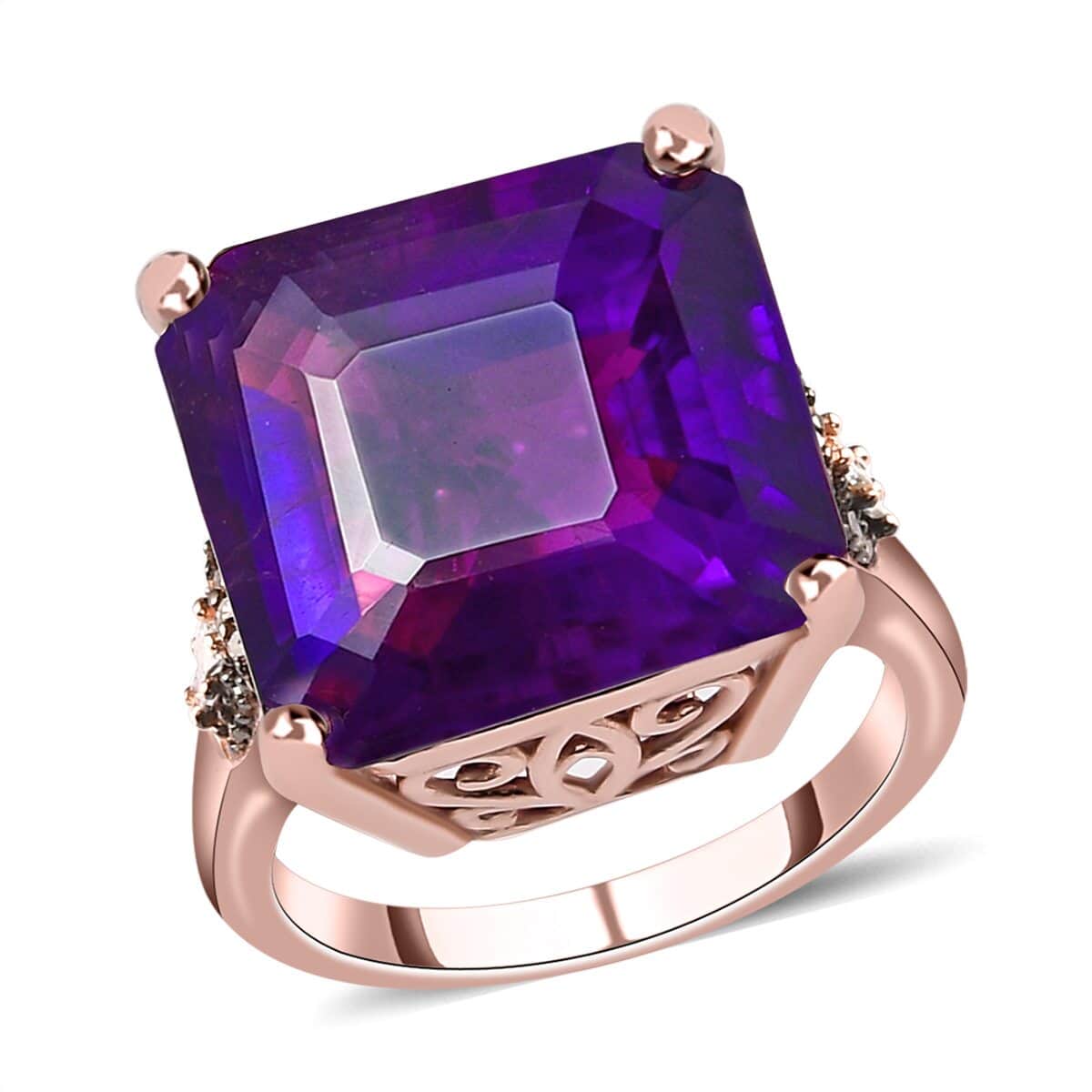 Asscher Cut Amethyst, Natural Champagne and White Diamond Ring in Vermeil Rose Gold Over Sterling Silver (Size 6.0) 14.50 ctw image number 0