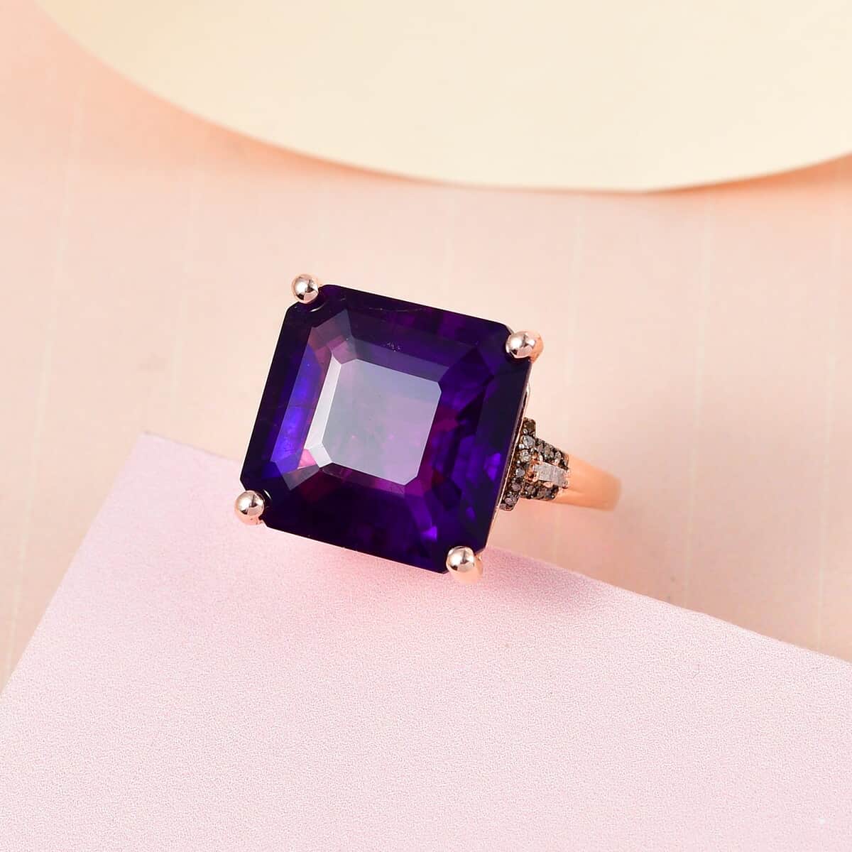 Asscher Cut Amethyst, Natural Champagne and White Diamond Ring in Vermeil Rose Gold Over Sterling Silver (Size 6.0) 14.50 ctw image number 1