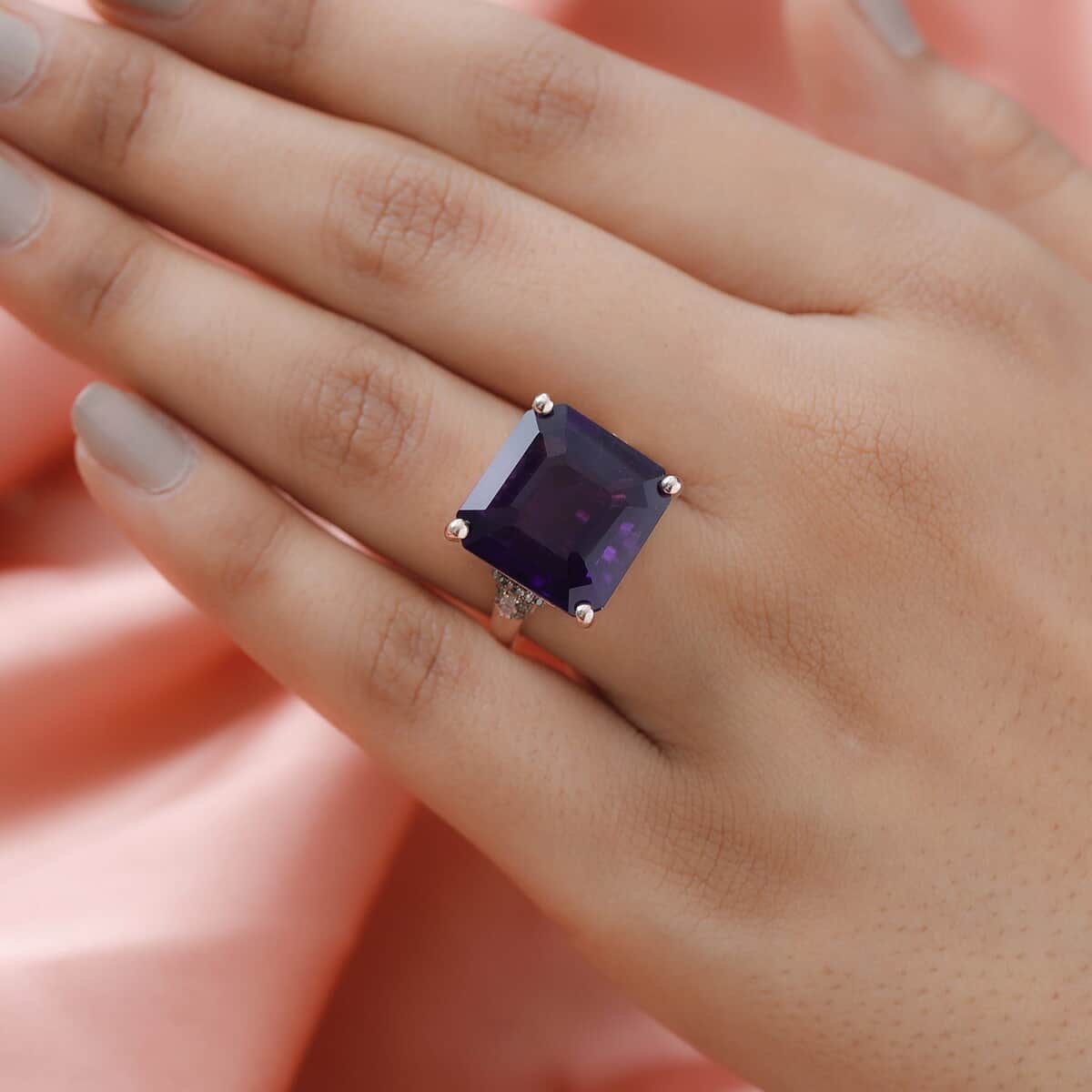 Asscher Cut Amethyst, Natural Champagne and White Diamond Ring in Vermeil Rose Gold Over Sterling Silver (Size 6.0) 14.50 ctw image number 2