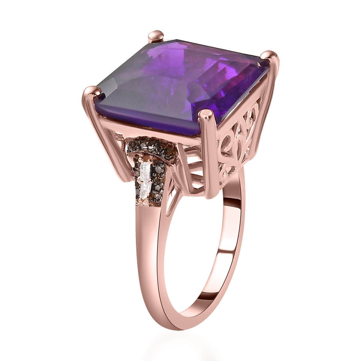 Asscher Cut Amethyst, Natural Champagne and White Diamond Ring in Vermeil Rose Gold Over Sterling Silver (Size 6.0) 14.50 ctw image number 3