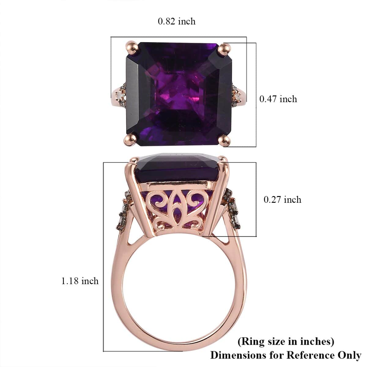 Asscher Cut Amethyst, Natural Champagne and White Diamond Ring in Vermeil Rose Gold Over Sterling Silver (Size 6.0) 14.50 ctw image number 5