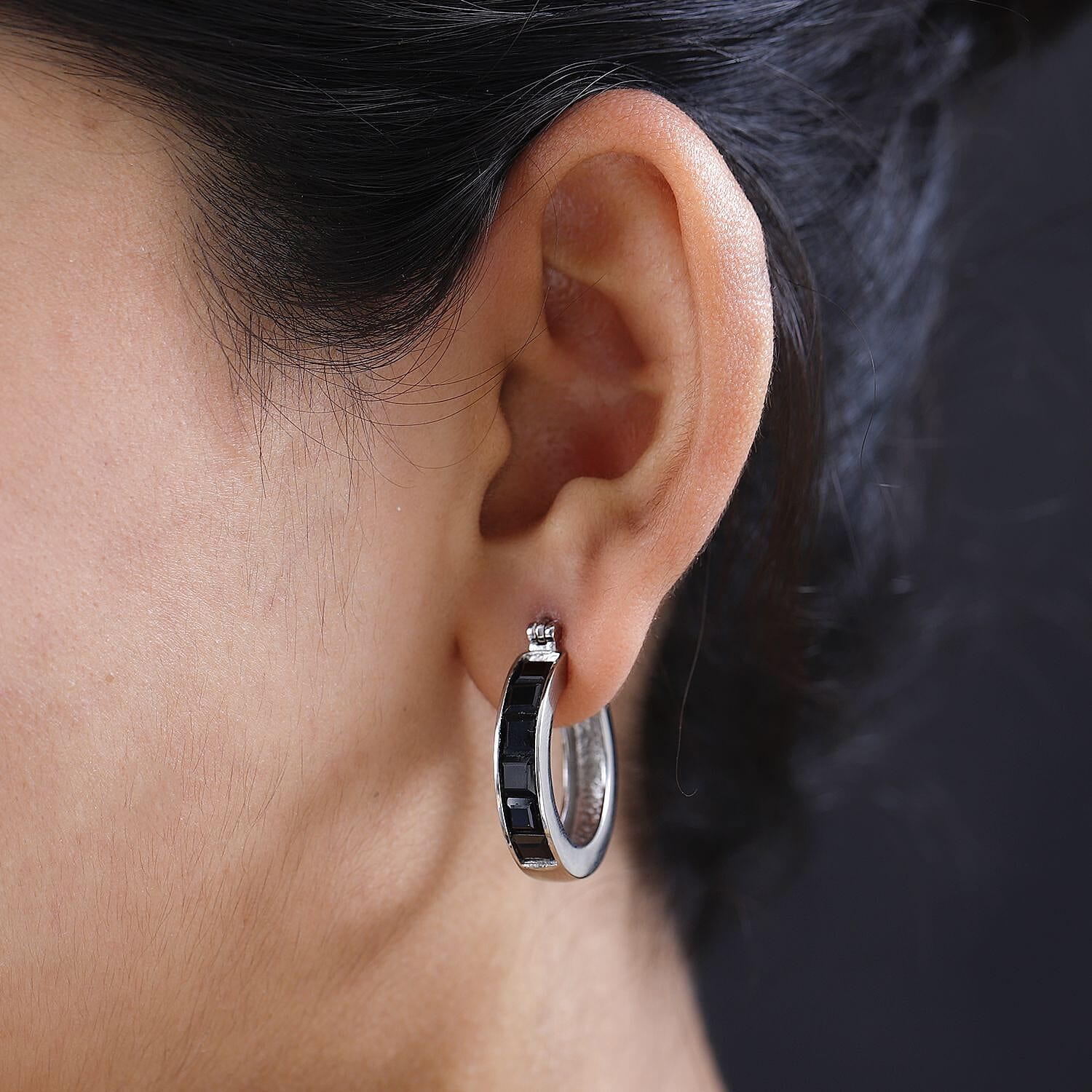 Thai Black Spinel 6.25 ctw Hoop Earrings in Stainless Steel, Tarnish-Free, Waterproof, Sweat Proof Jewelry