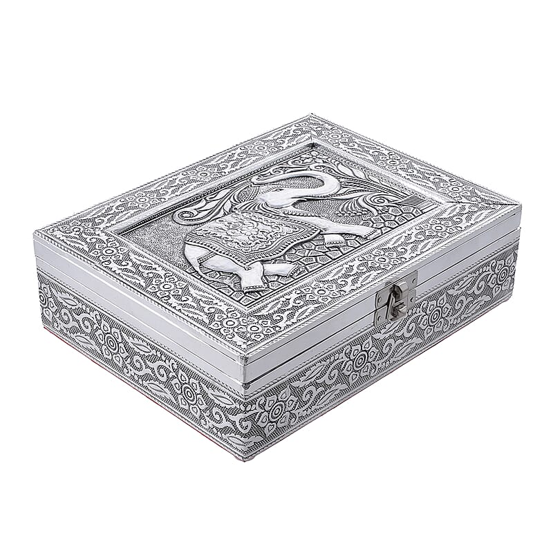 Handcrafted Elephant 3D Embossed Aluminium Oxidized Storage Box 