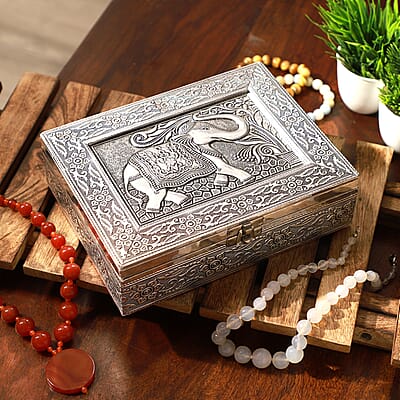 Handcrafted Elephant 3D Embossed Aluminium Oxidized Storage Box 