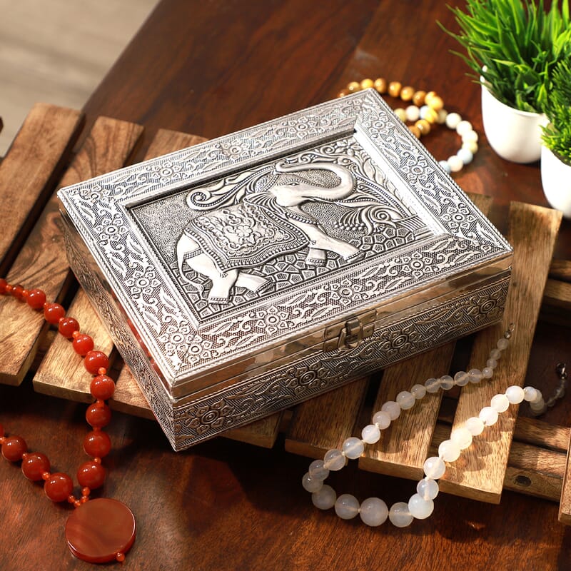 Handcrafted Elephant 3D Embossed Aluminium Oxidized Storage Box 