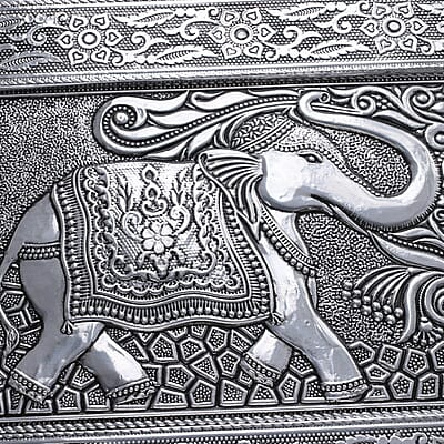 Handcrafted Elephant 3D Embossed Aluminium Oxidized Storage Box 