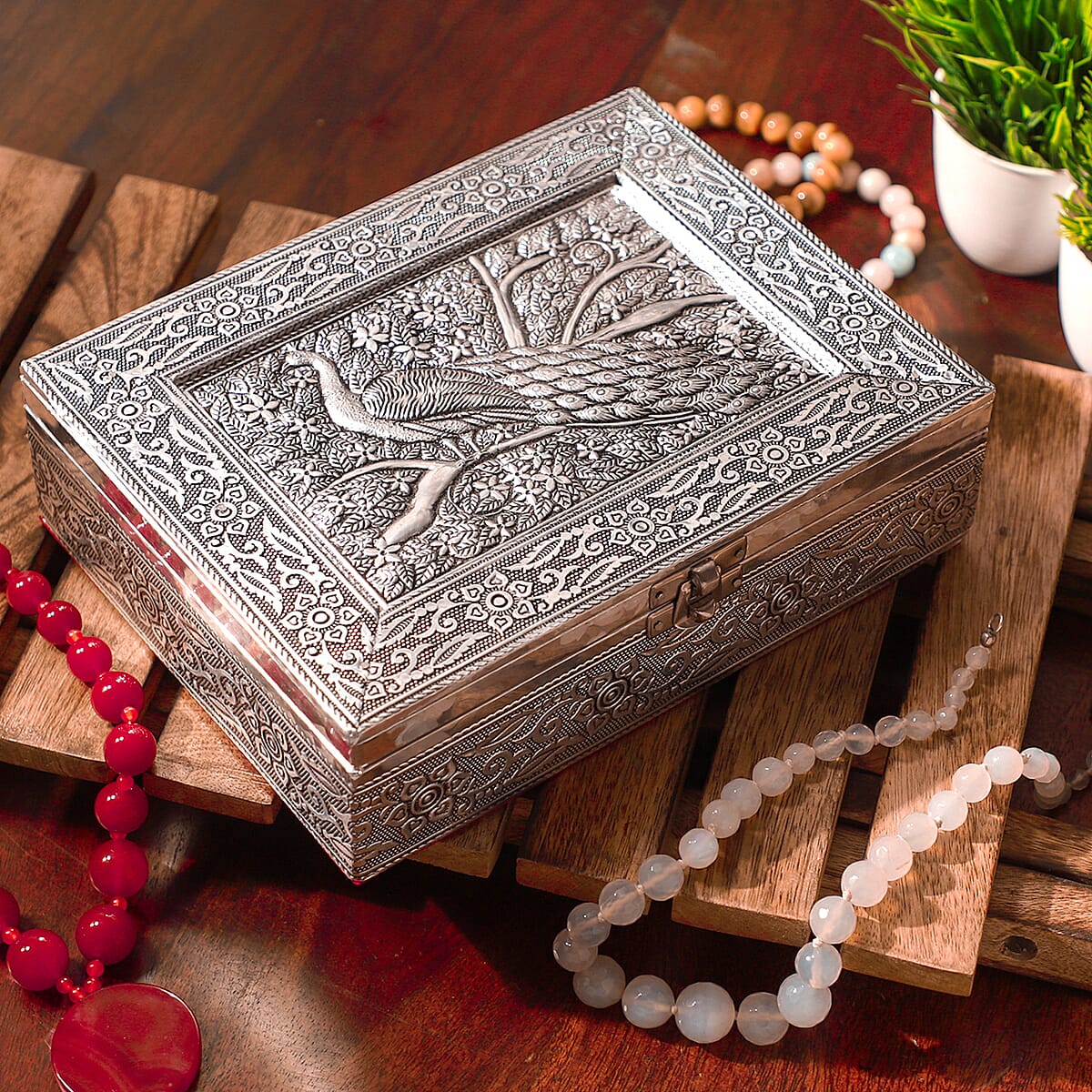 Handcrafted Peacock 3D Embossed Aluminium Oxidized Storage Box image number 1