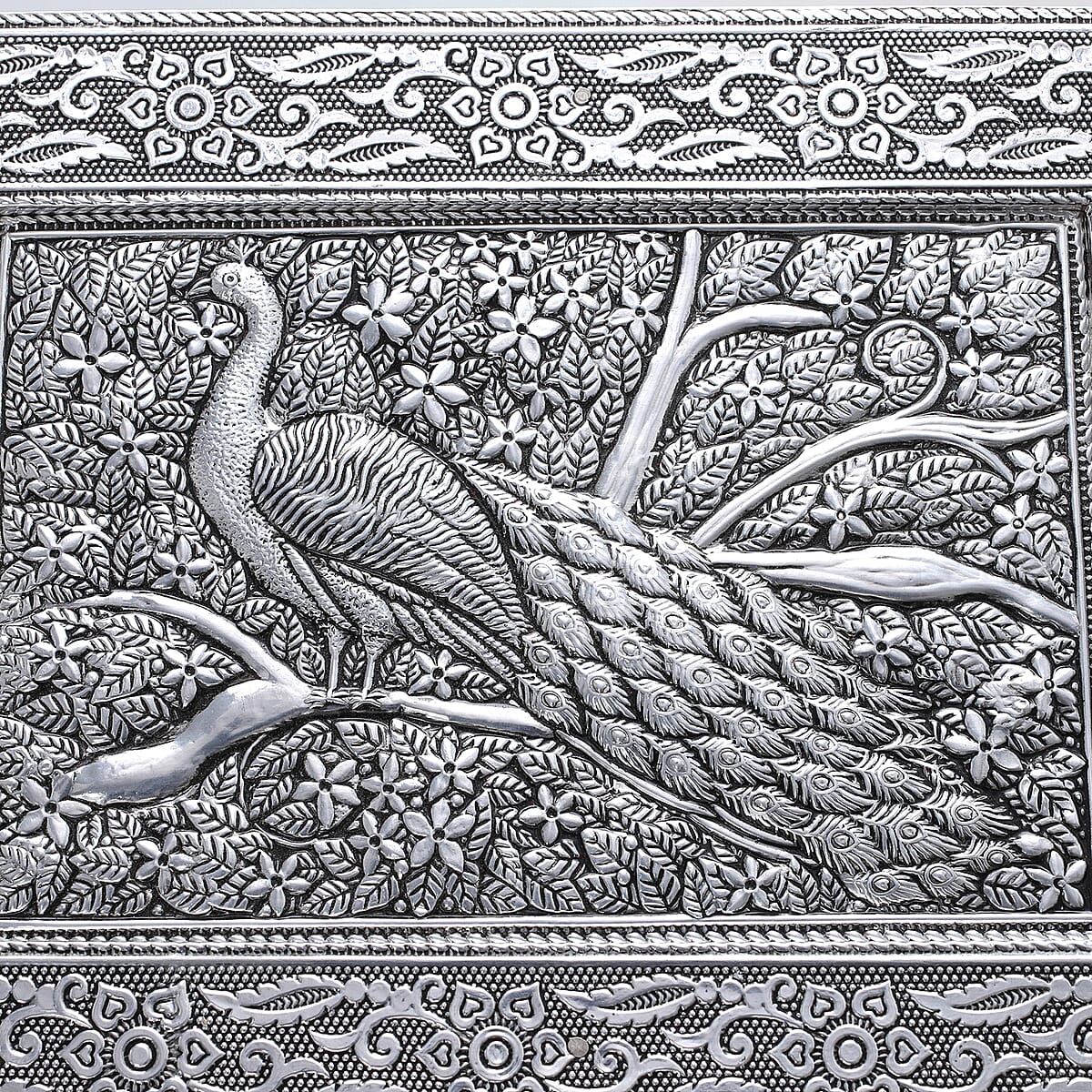 Handcrafted Peacock 3D Embossed Aluminium Oxidized Storage Box image number 5