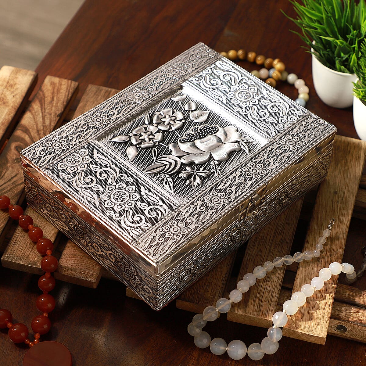 Handcrafted Flower 3D Embossed Aluminium Oxidized Storage Box image number 1