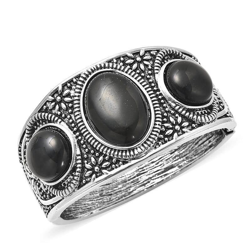 Black Agate Bangle Bracelet in Black Oxidized Silvertone (7 In) 55.00 ctw