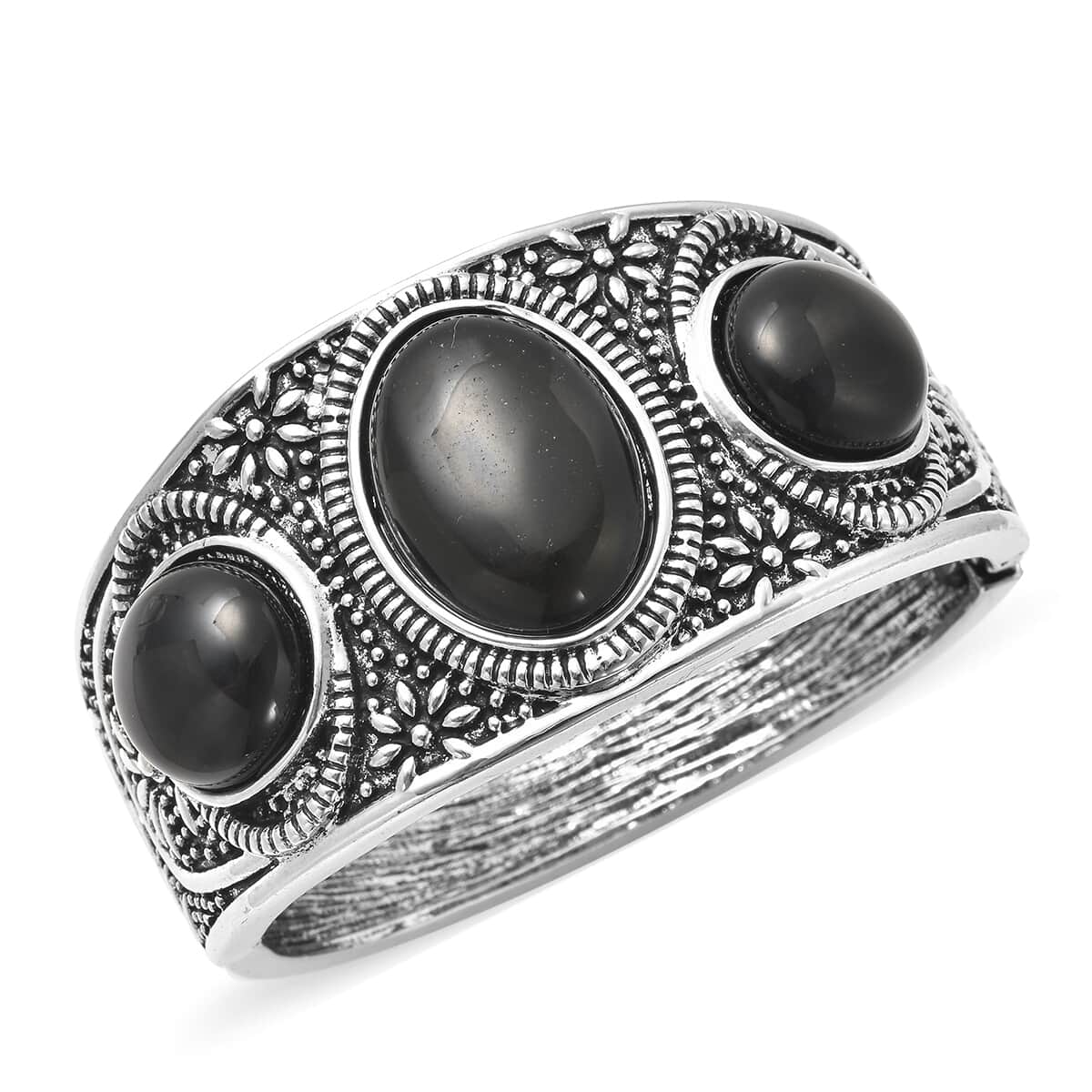 Black Agate Bangle Bracelet in Black Oxidized Silvertone (7 In) 55.00 ctw image number 0