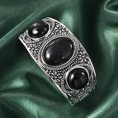Black Agate Bangle Bracelet in Black Oxidized Silvertone (7 In) 55.00 ctw