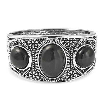 Black Agate Bangle Bracelet in Black Oxidized Silvertone (7 In) 55.00 ctw
