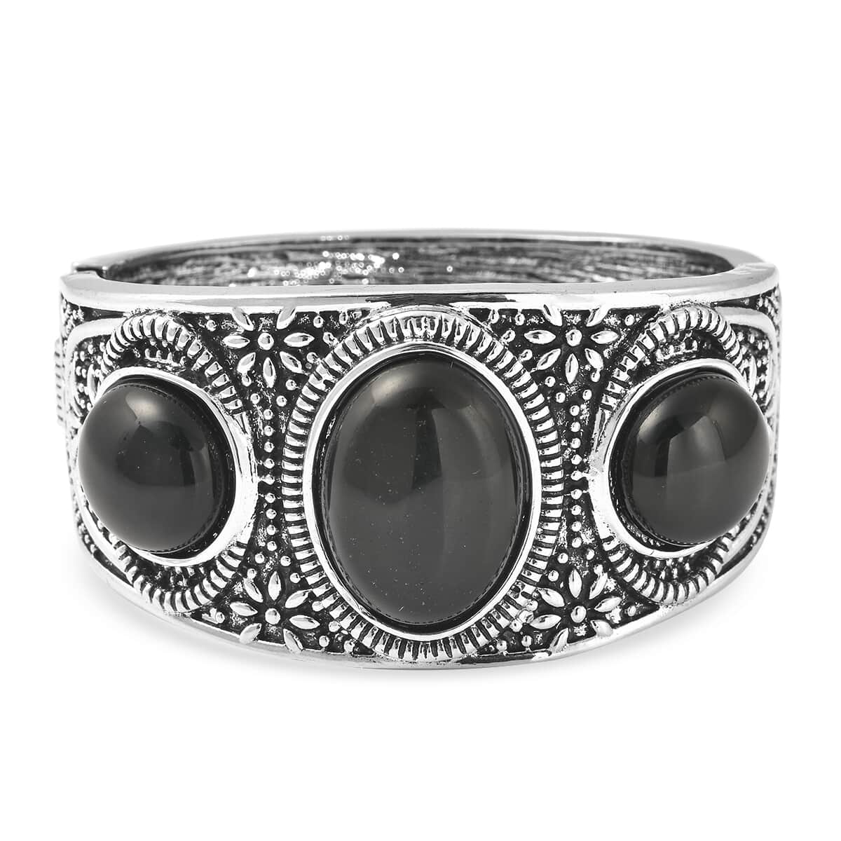 Black Agate Bangle Bracelet in Black Oxidized Silvertone (7 In) 55.00 ctw image number 3