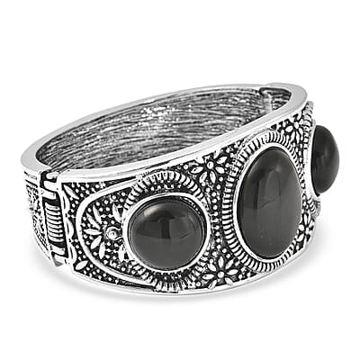 Black Agate Bangle Bracelet in Black Oxidized Silvertone (7 In) 55.00 ctw