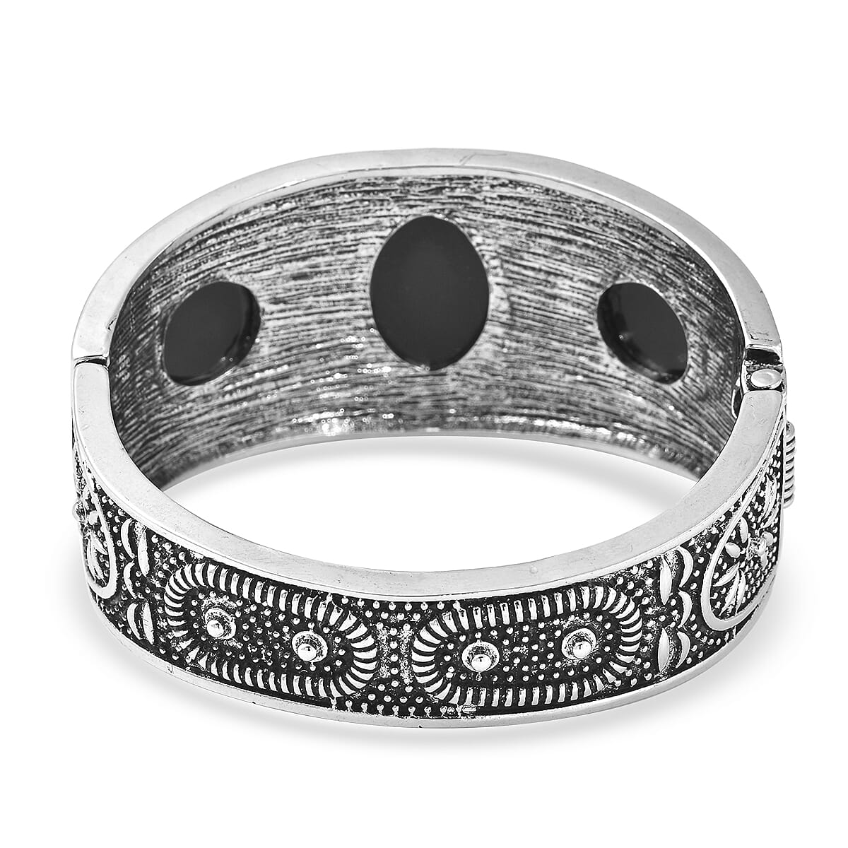 Black Agate Bangle Bracelet in Black Oxidized Silvertone (7 In) 55.00 ctw