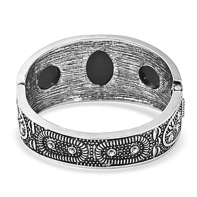 Black Agate Bangle Bracelet in Black Oxidized Silvertone (7 In) 55.00 ctw