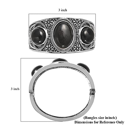Black Agate Bangle Bracelet in Black Oxidized Silvertone (7 In) 55.00 ctw