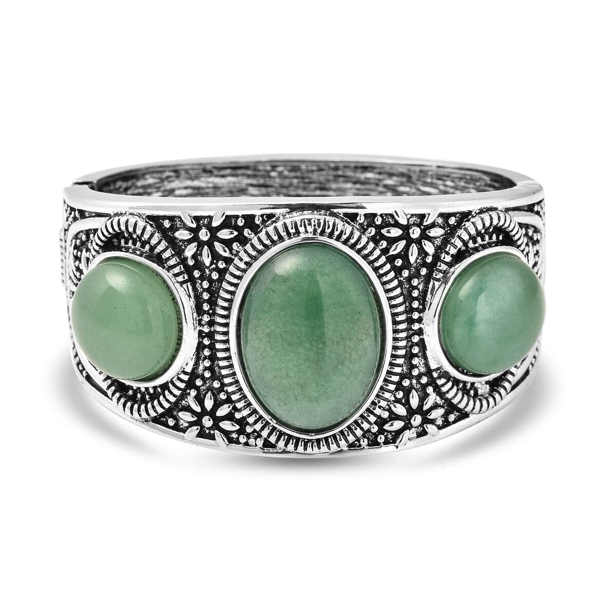 Green Aventurine Bangle Bracelet in Black Oxidized Silvertone (7 In) 54.50 ctw image number 3