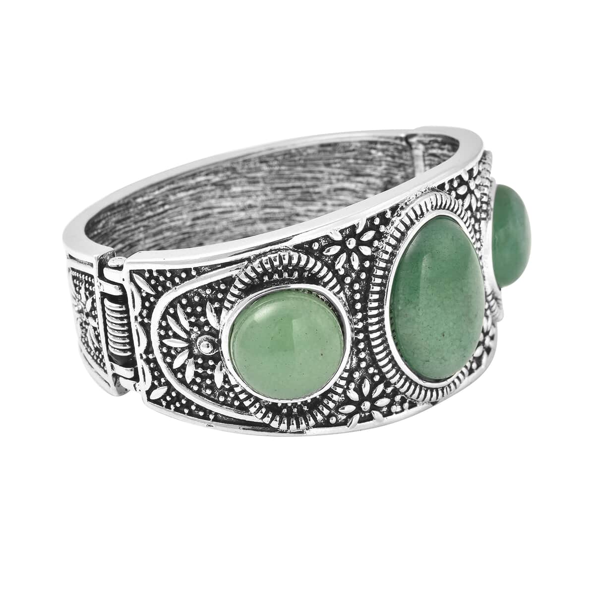 Green Aventurine Bangle Bracelet in Black Oxidized Silvertone (7 In) 54.50 ctw image number 4