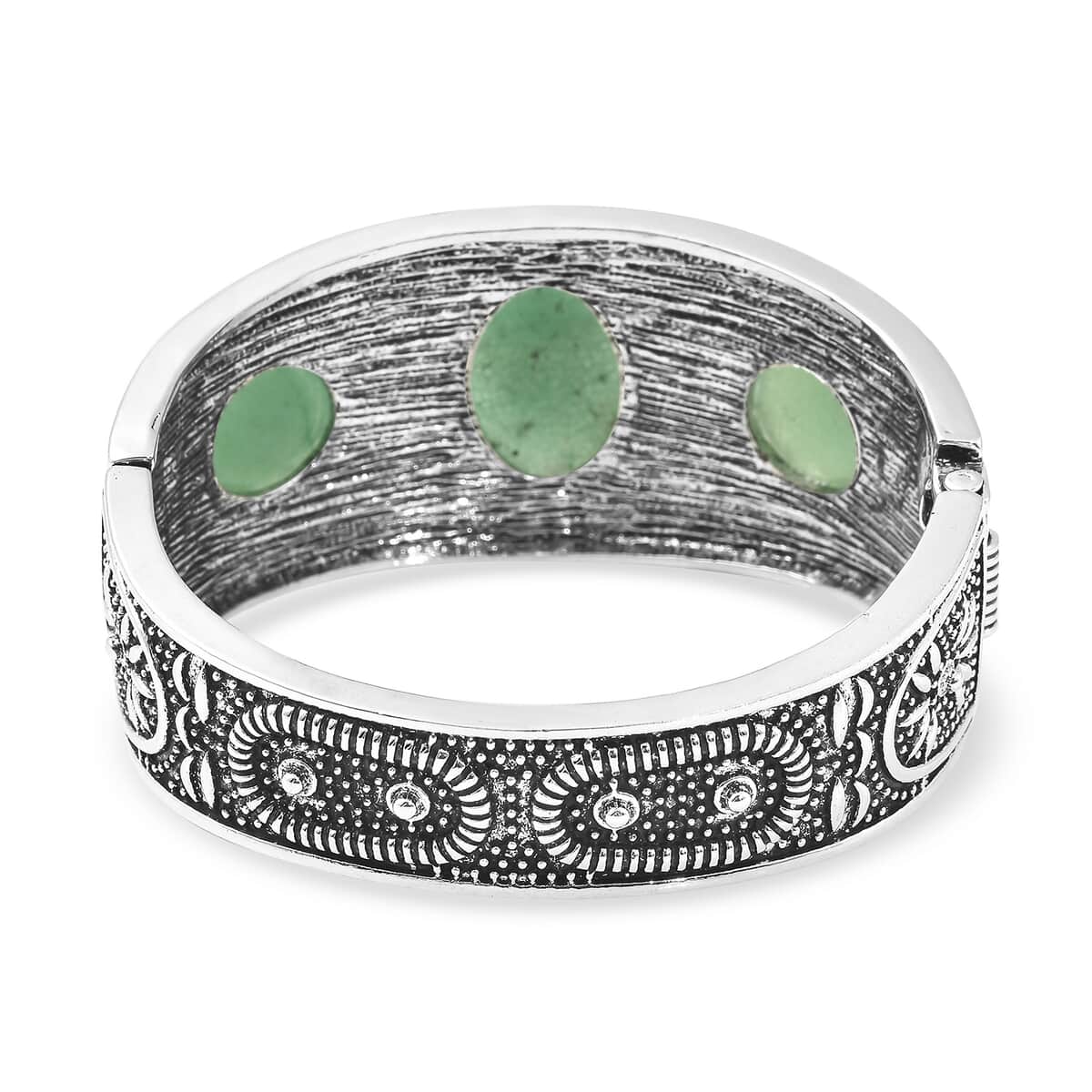 Green Aventurine Bangle Bracelet in Black Oxidized Silvertone (7 In) 54.50 ctw image number 5