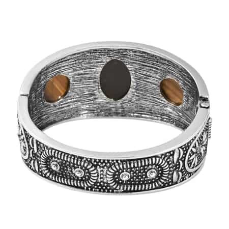 Tiger's Eye Bangle Bracelet in Black Oxidized Silvertone (7 In) 58.00 ctw image number 5