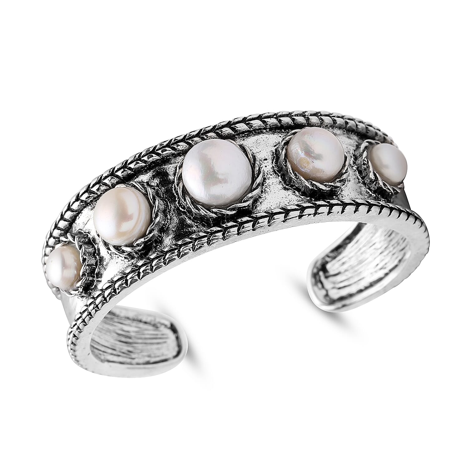 White Freshwater Pearl Cuff Bracelet in Silvertone (7.50 in)