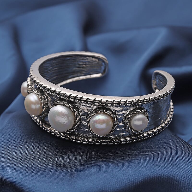 White Freshwater Pearl Cuff Bracelet in Silvertone (7.50 in)
