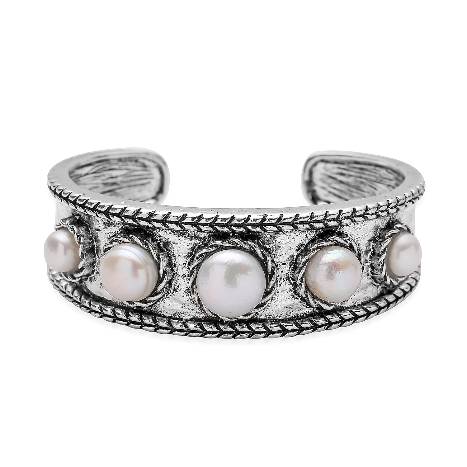 White Freshwater Pearl Cuff Bracelet in Silvertone (7.50 in)