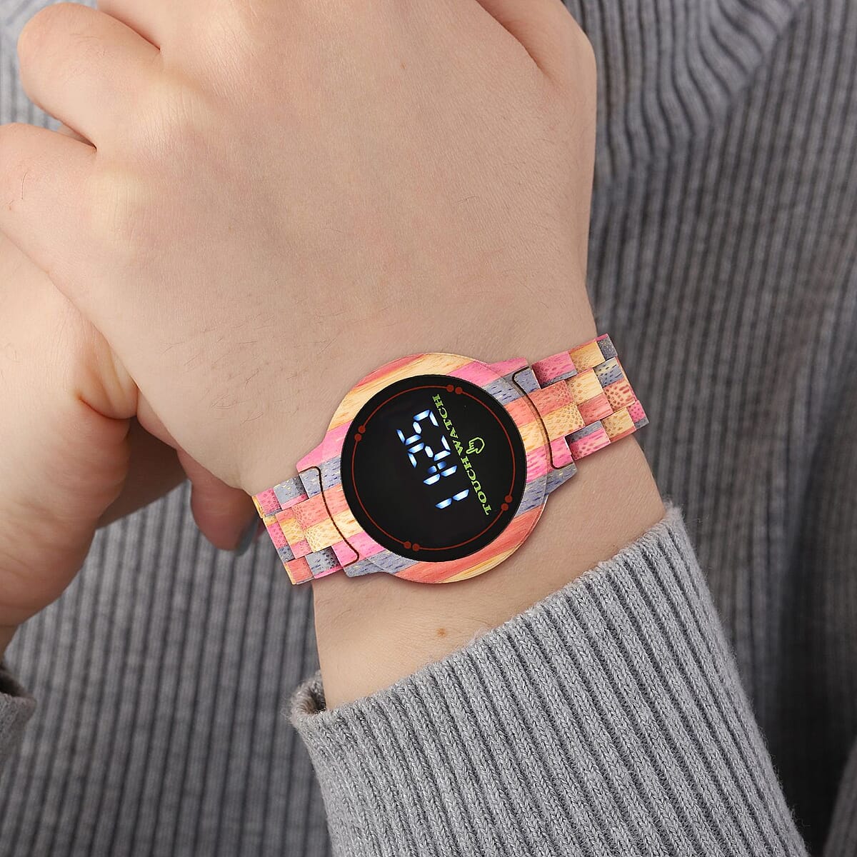 GENOA Electronic Movement LED Dial Watch with Colored Bamboo Strap (44mm) (6.0-7.0 Inch) image number 2
