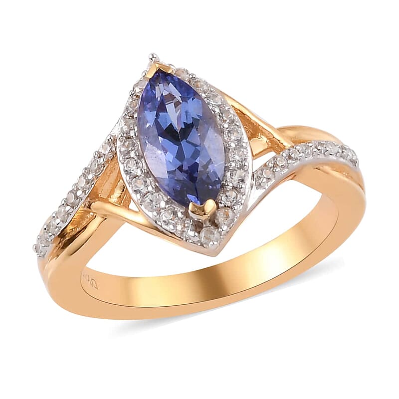 D'Joy Premium Tanzanite and Nature White Zircon Ring in Vermeil Yellow Gold Over Sterling Silver (Size 6.0) 1.50 ctw