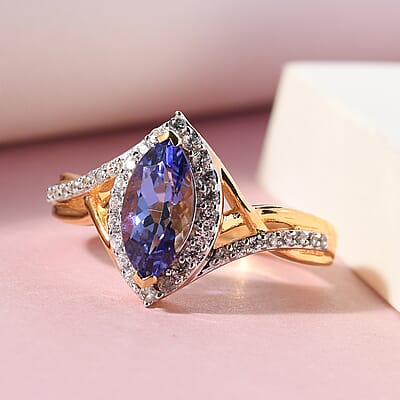 D'Joy Premium Tanzanite and Nature White Zircon Ring in Vermeil Yellow Gold Over Sterling Silver (Size 6.0) 1.50 ctw