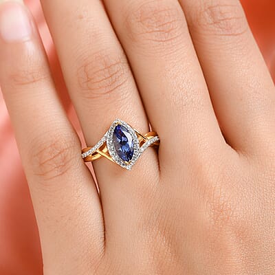 D'Joy Premium Tanzanite and Nature White Zircon Ring in Vermeil Yellow Gold Over Sterling Silver (Size 6.0) 1.50 ctw