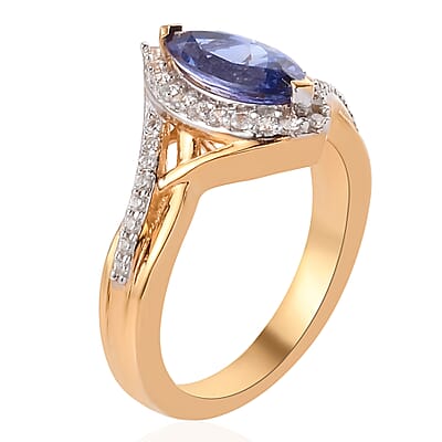 D'Joy Premium Tanzanite and Nature White Zircon Ring in Vermeil Yellow Gold Over Sterling Silver (Size 6.0) 1.50 ctw